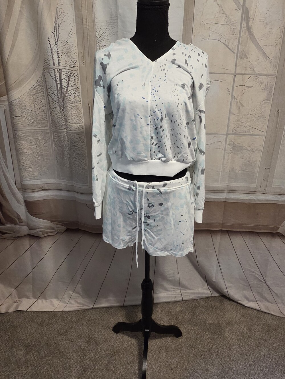 Light Blue Printed Mini Skirt with Drawstring Waist